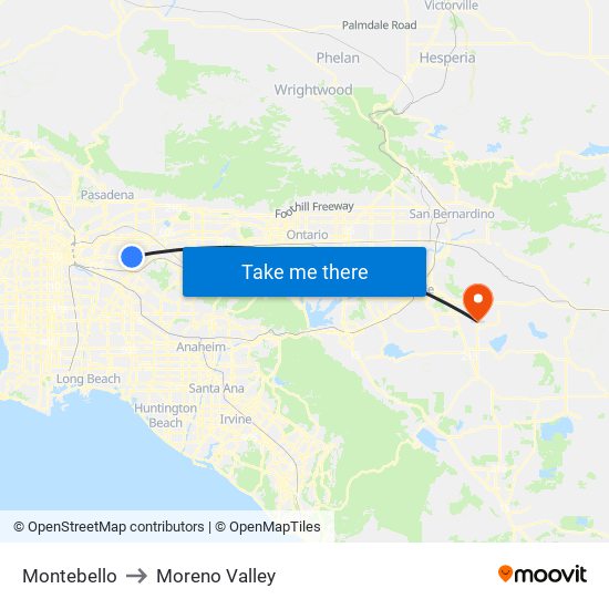 Montebello to Moreno Valley map