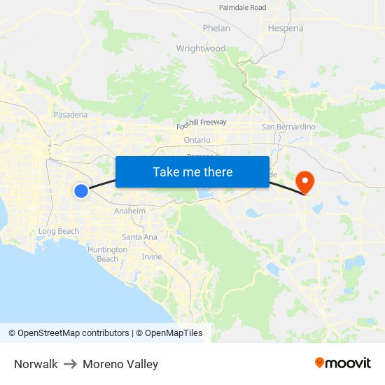 Norwalk to Moreno Valley map