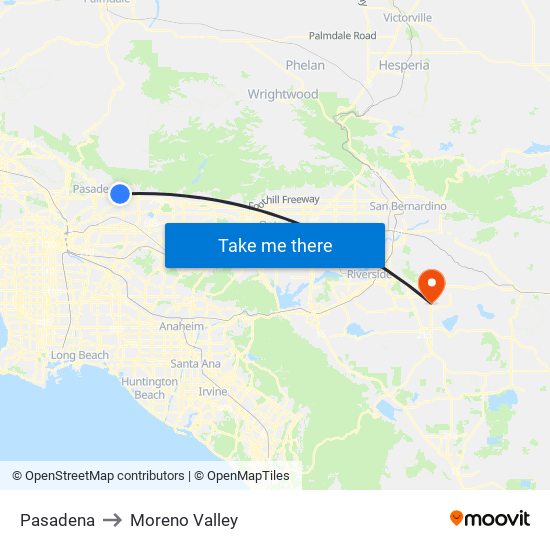 Pasadena to Moreno Valley map