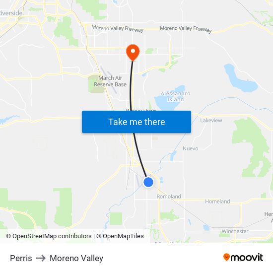 Perris to Moreno Valley map