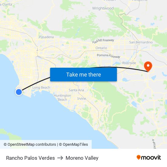 Rancho Palos Verdes to Moreno Valley map