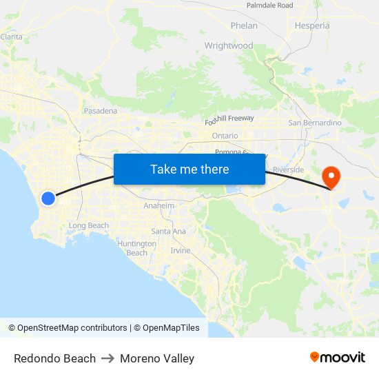 Redondo Beach to Moreno Valley map