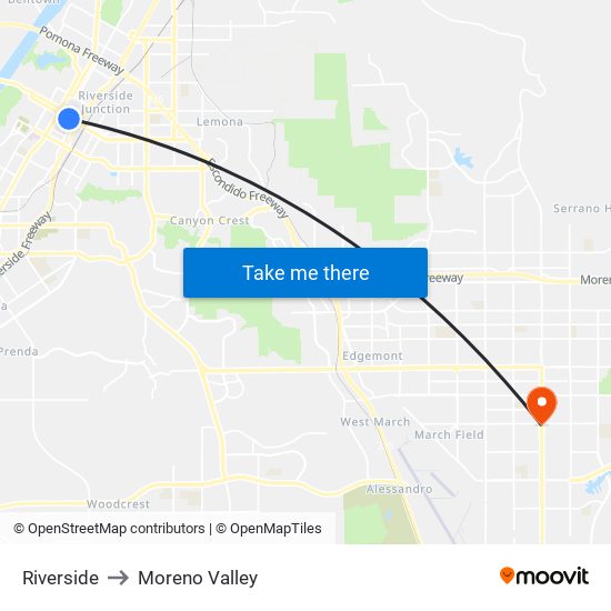 Riverside to Moreno Valley map