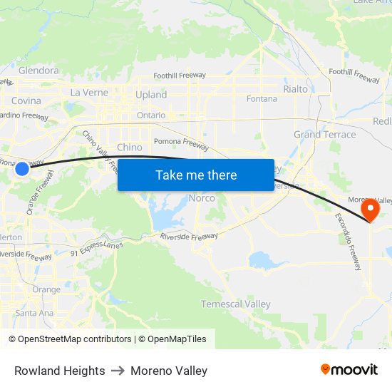 Rowland Heights to Moreno Valley map