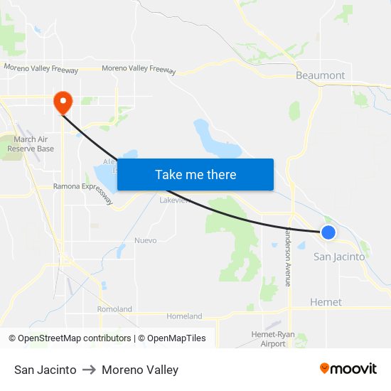 San Jacinto to Moreno Valley map