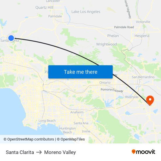 Santa Clarita to Moreno Valley map