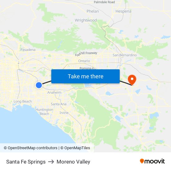 Santa Fe Springs to Moreno Valley map