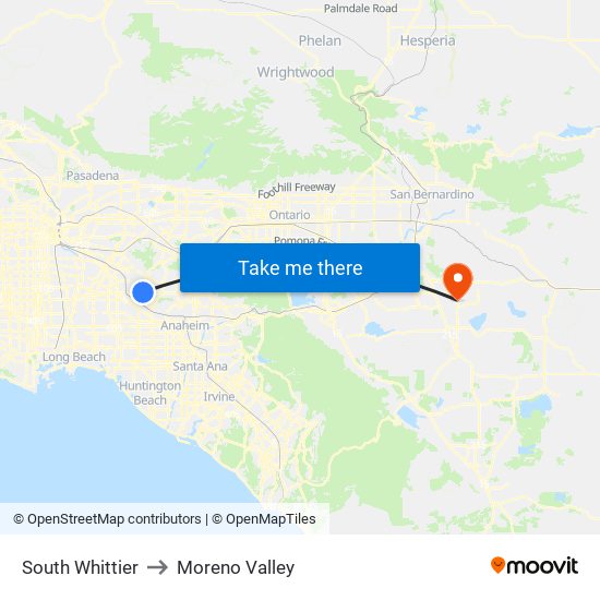 South Whittier to Moreno Valley map