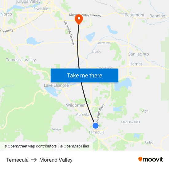 Temecula to Moreno Valley map