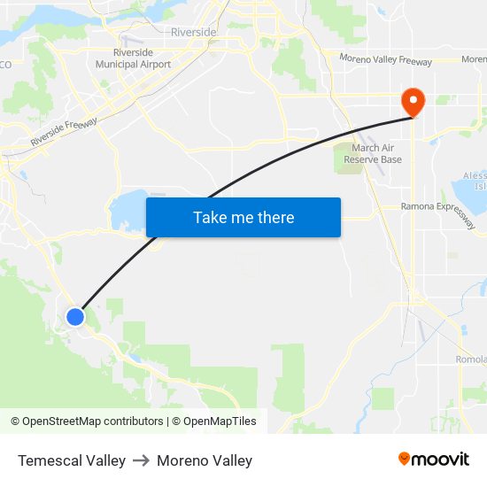 Temescal Valley to Moreno Valley map