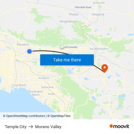 Temple City to Moreno Valley map