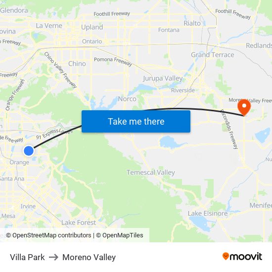 Villa Park to Moreno Valley map