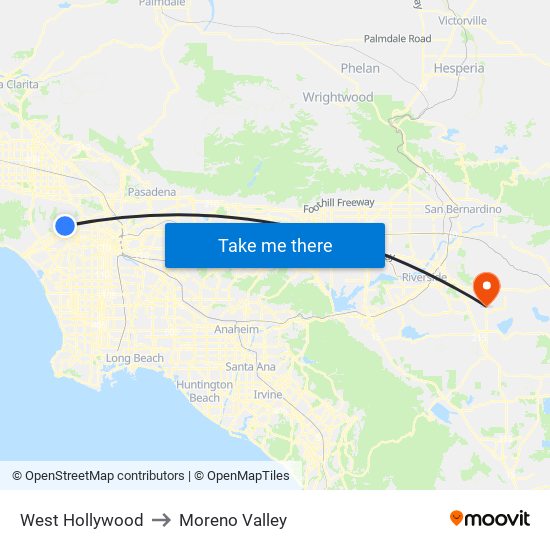 West Hollywood to Moreno Valley map
