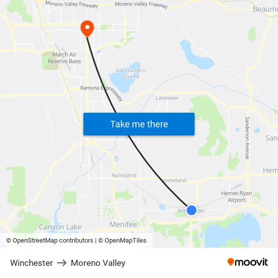 Winchester to Moreno Valley map