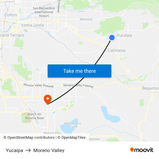 Yucaipa to Moreno Valley map