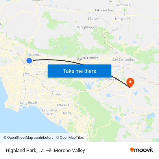 Highland Park, La to Moreno Valley map