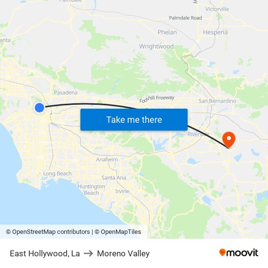 East Hollywood, La to Moreno Valley map
