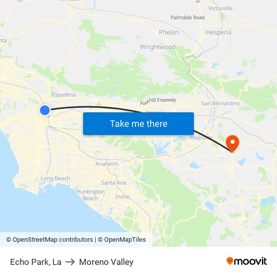 Echo Park, La to Moreno Valley map