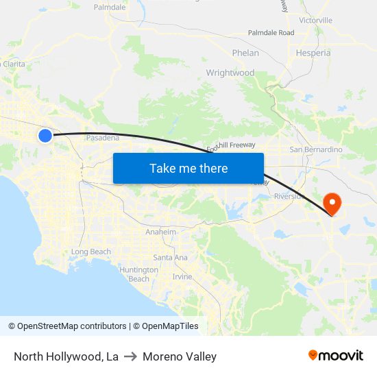 North Hollywood, La to Moreno Valley map