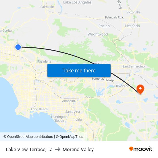Lake View Terrace, La to Moreno Valley map