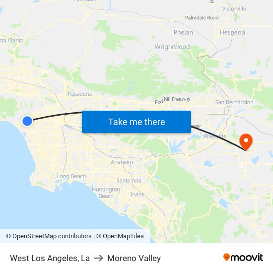 West Los Angeles, La to Moreno Valley map