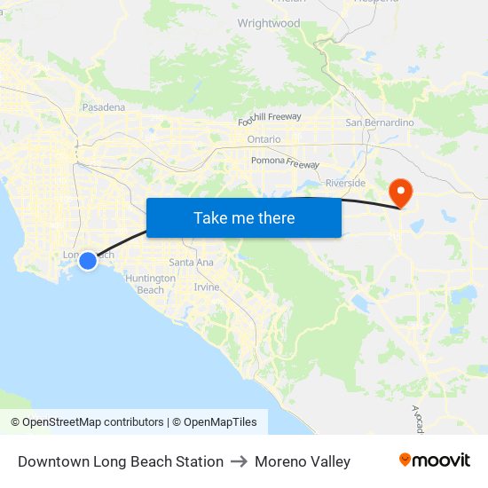 Downtown Long Beach Station to Moreno Valley map