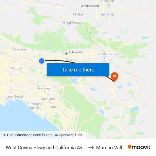 West Covina Pkwy and California Ave W to Moreno Valley map