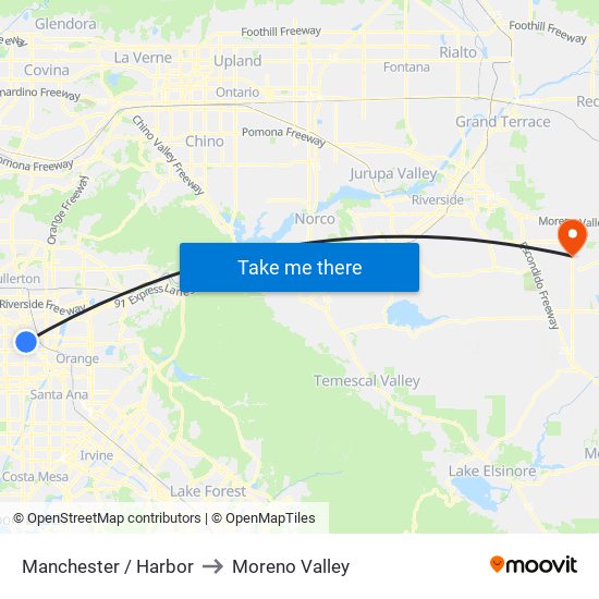 Manchester / Harbor to Moreno Valley map
