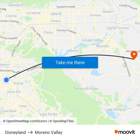 Disneyland to Moreno Valley map