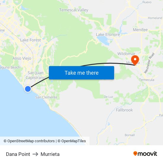 Dana Point to Murrieta map