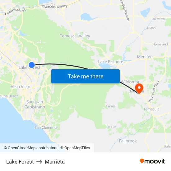 Lake Forest to Murrieta map