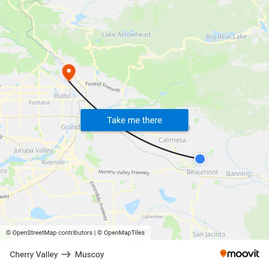 Cherry Valley to Muscoy map