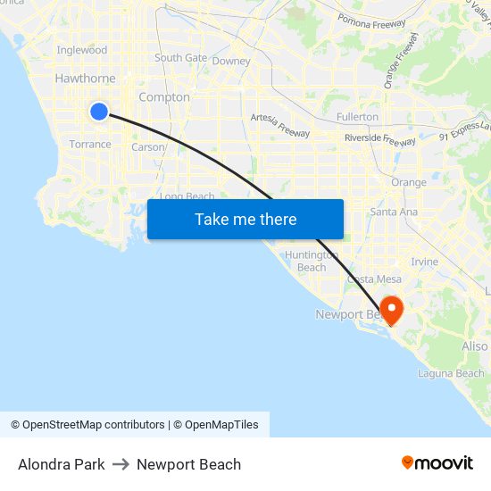 Alondra Park to Newport Beach map