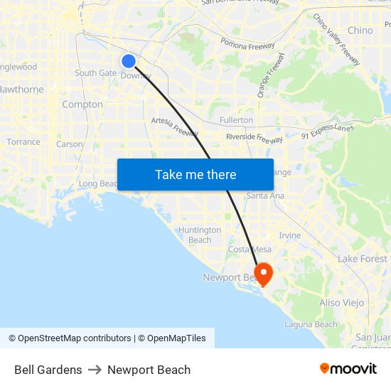 Bell Gardens to Newport Beach map