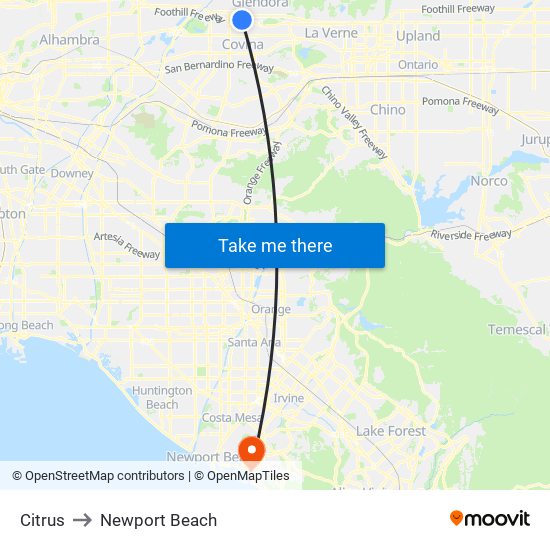Citrus to Newport Beach map