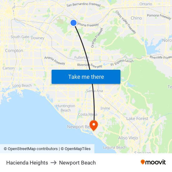 Hacienda Heights to Newport Beach map