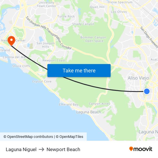 Laguna Niguel to Newport Beach map