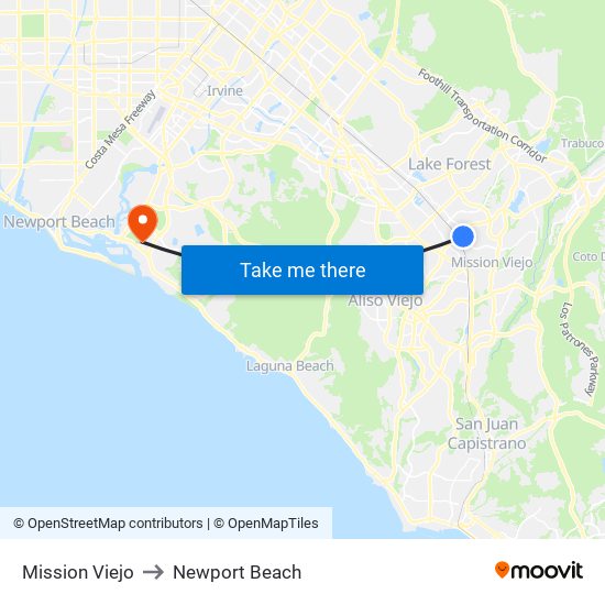Mission Viejo to Newport Beach map