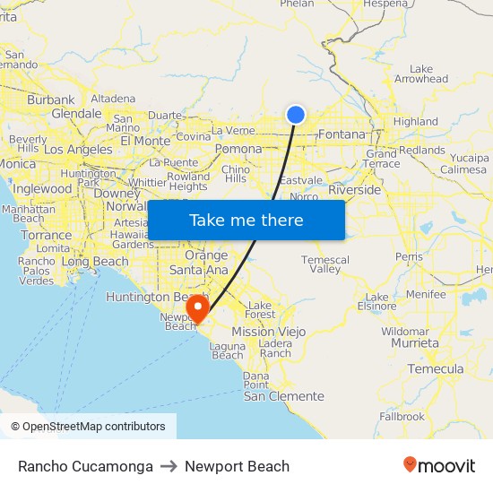 Rancho Cucamonga to Newport Beach map