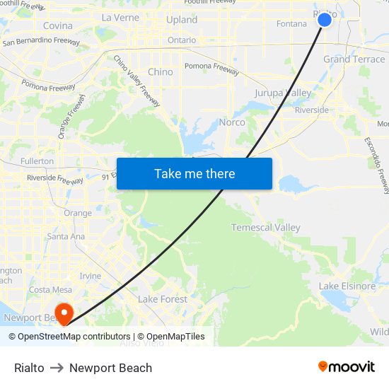 Rialto to Newport Beach map