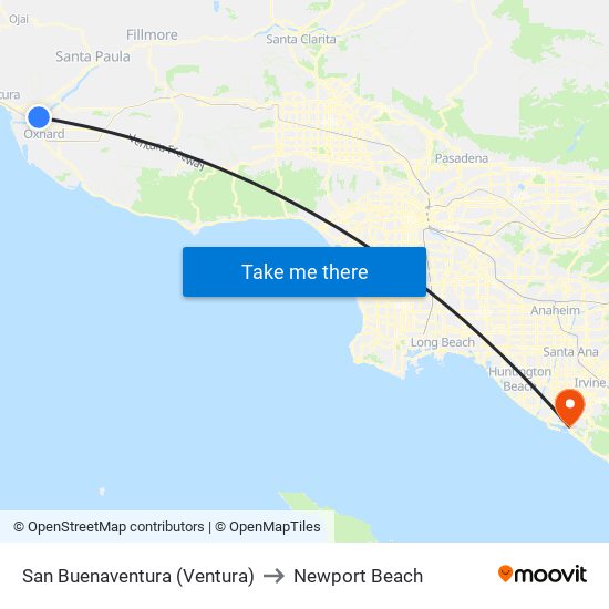 San Buenaventura (Ventura) to Newport Beach map