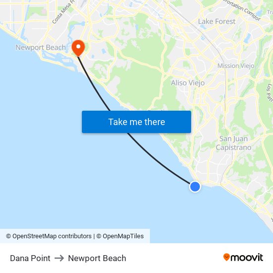 Dana Point to Newport Beach map