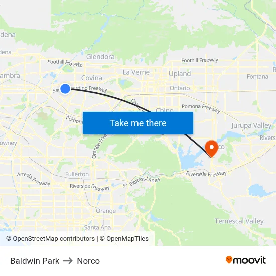 Baldwin Park to Norco map