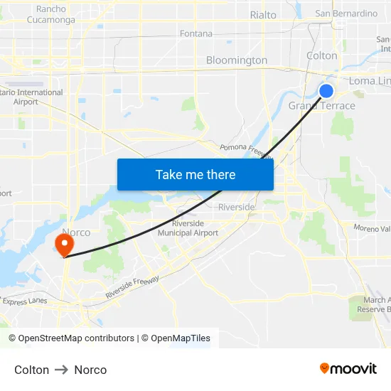 Colton to Norco map