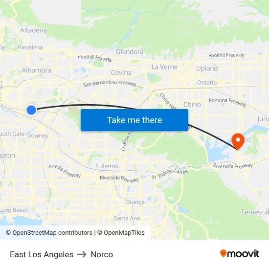 East Los Angeles to Norco map