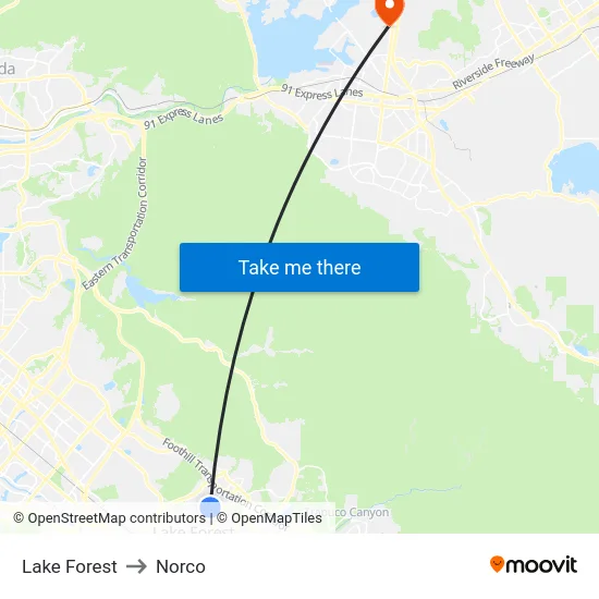 Lake Forest to Norco map