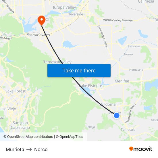Murrieta to Norco map