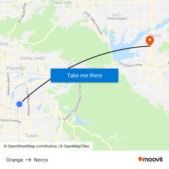 Orange to Norco map