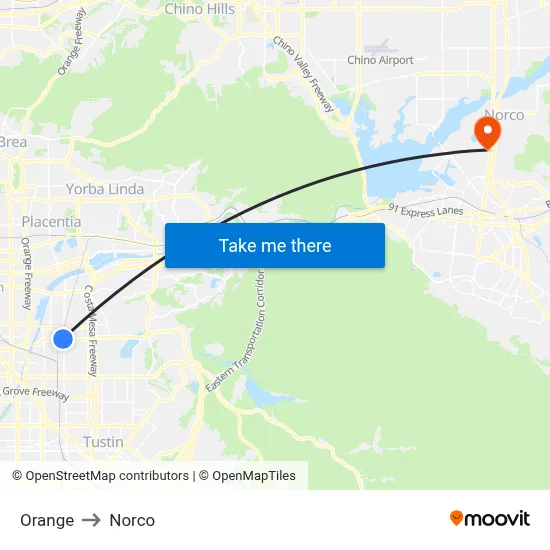 Orange to Norco map