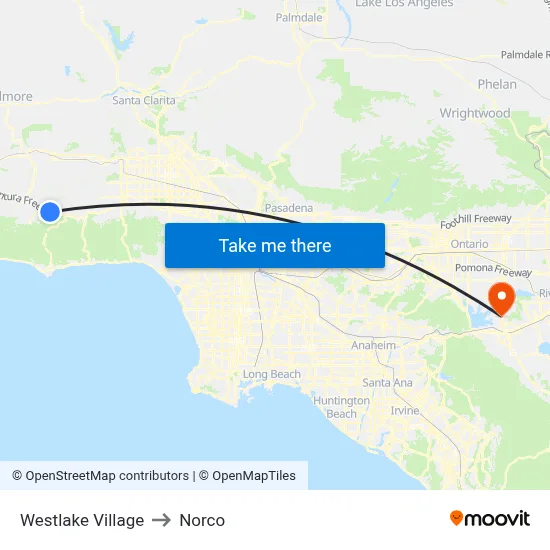Westlake Village to Norco map